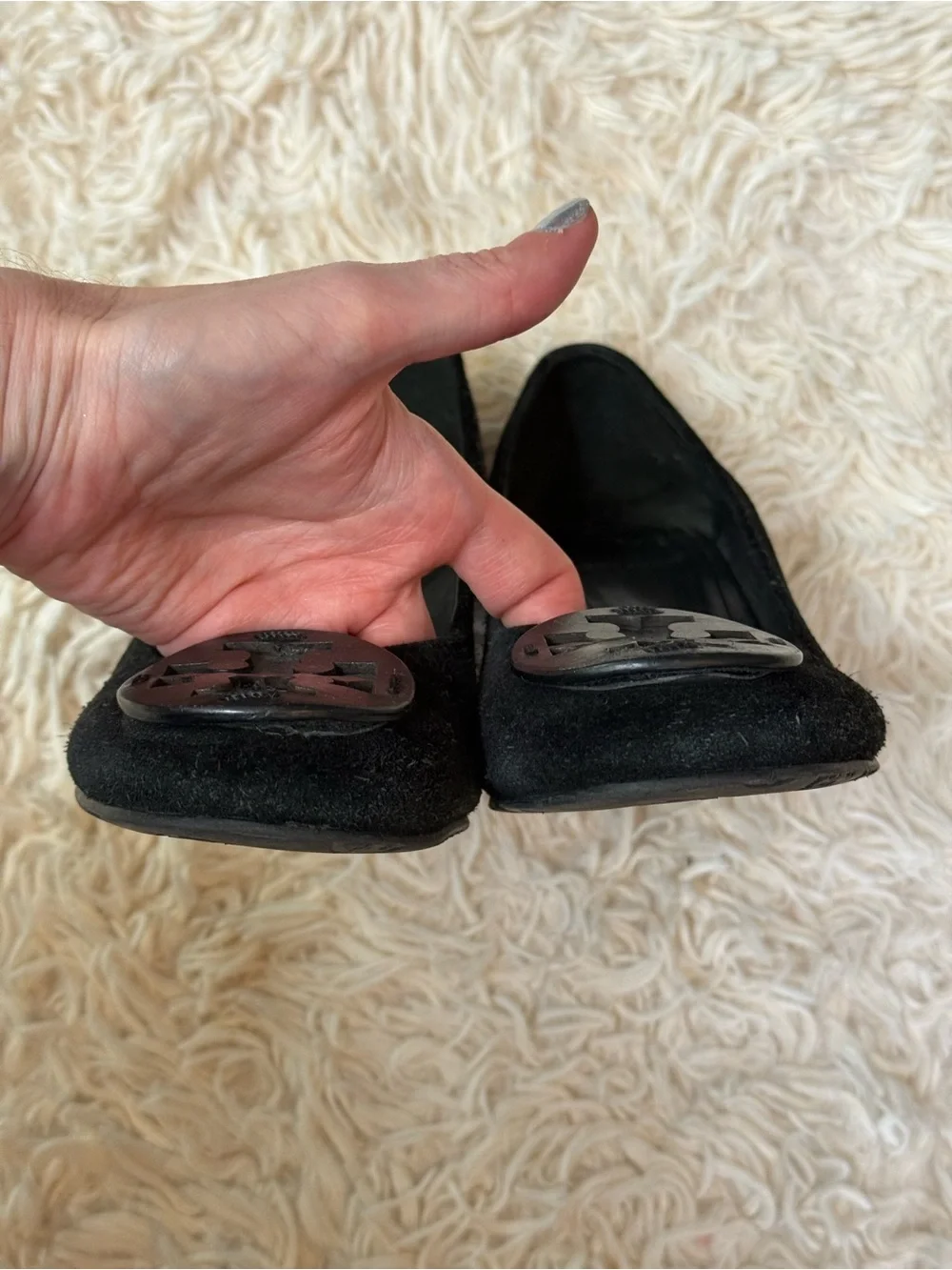 Tory Burch Sally Black Velvet Wedge Pumps Logo Toe Shoes Womens 8.5M